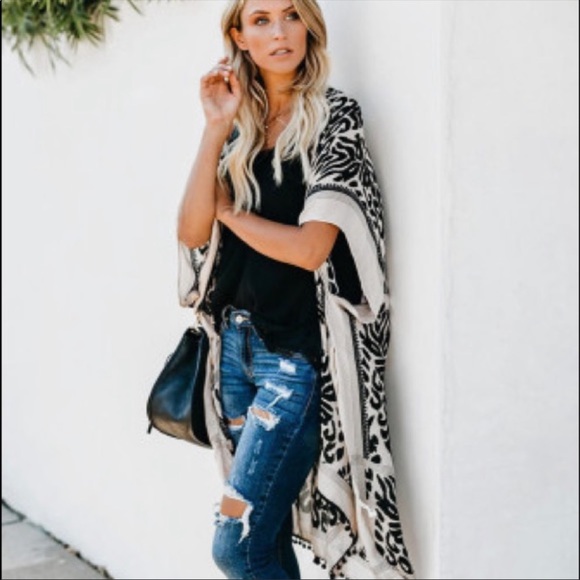 Tops - BOHO sheer kimono with Pom Pom trim